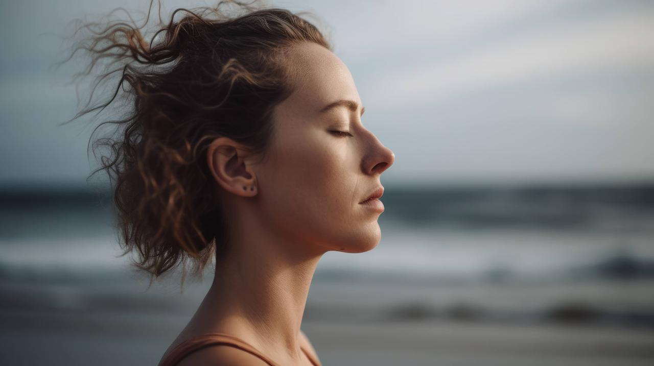 A person's face expressing a sense of serenity and connection as they practice  deep breathing exercises near the ocean, allowing the rhythmic sound of the  waves to calm their mind